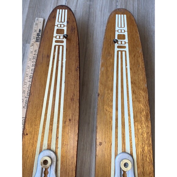 Vintage Pair Junior Size RIVIERA Adjustable Binding Metal Wood Water Skis - Picture 4 of 11
